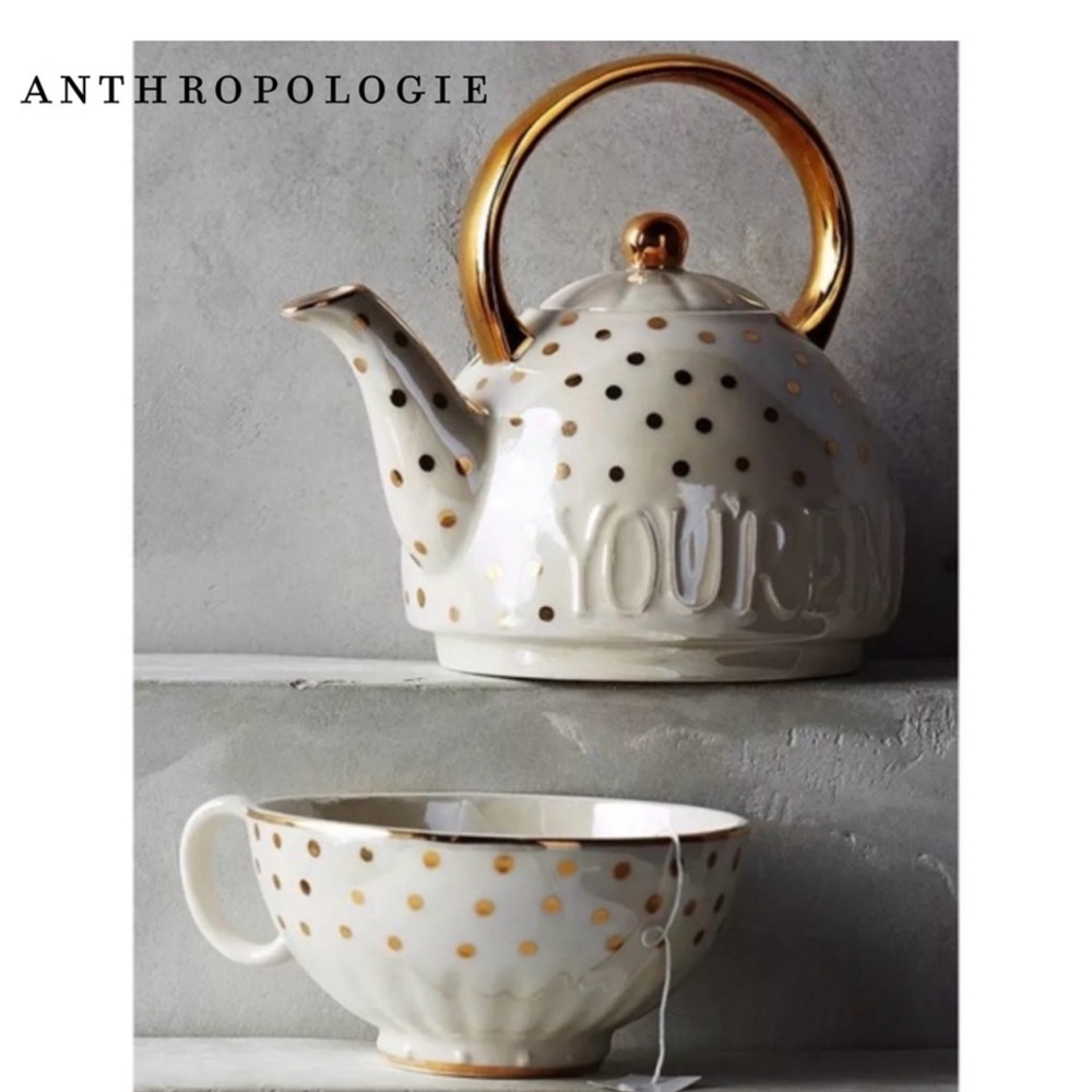 Anthropologie Gold Dot Teapot and Cup